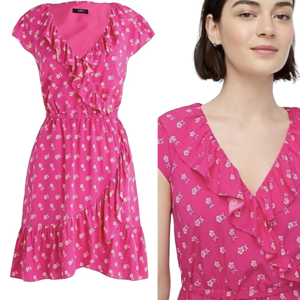 J Crew Ditsy Floral Mini Dress Faux Wrap V Neck Ruffle Pink White Womens 0